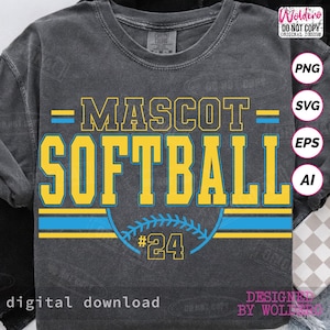 Softbolllagsmaskot SVG- och PNG-paket, softbollmatchdagssäsongs-T-shirtdesign, redigerbar mall, EPS, digital nedladdning