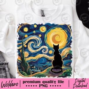 May include: White sweatshirt featuring a black cat silhouette against a vibrant, stylized night sky with swirling blue and yellow hues, reminiscent of Van Gogh's art. The design includes a large yellow moon and city skyline. The text "Woldero | premium quality file | Digital Download" is at the bottom.