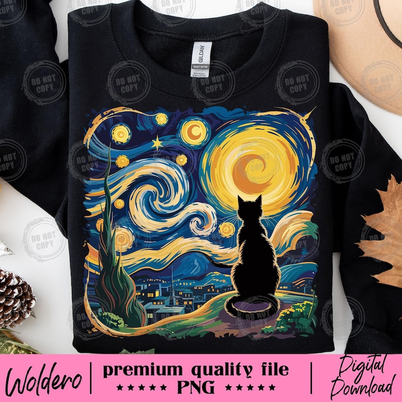 May include: Black sweatshirt featuring a cat silhouette gazing at a starry night scene in the style of Van Gogh's "Starry Night." The design includes a large yellow moon, swirling blue and yellow sky, and a cityscape. The text "Woldero | premium quality file PNG | Digital Download" is at the bottom.
