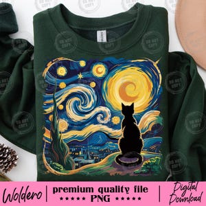 May include: Dark green sweatshirt featuring a graphic of a black cat silhouetted against a starry night sky in the style of Van Gogh's "Starry Night." The design includes swirling blue and yellow brushstrokes, a large moon, and city buildings.