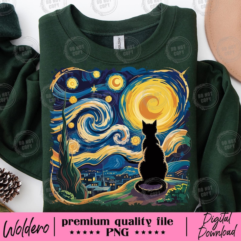 May include: Dark green sweatshirt featuring a graphic of a black cat silhouetted against a starry night sky in the style of Van Gogh's "Starry Night." The design includes swirling blue and yellow brushstrokes, a large moon, and city buildings.