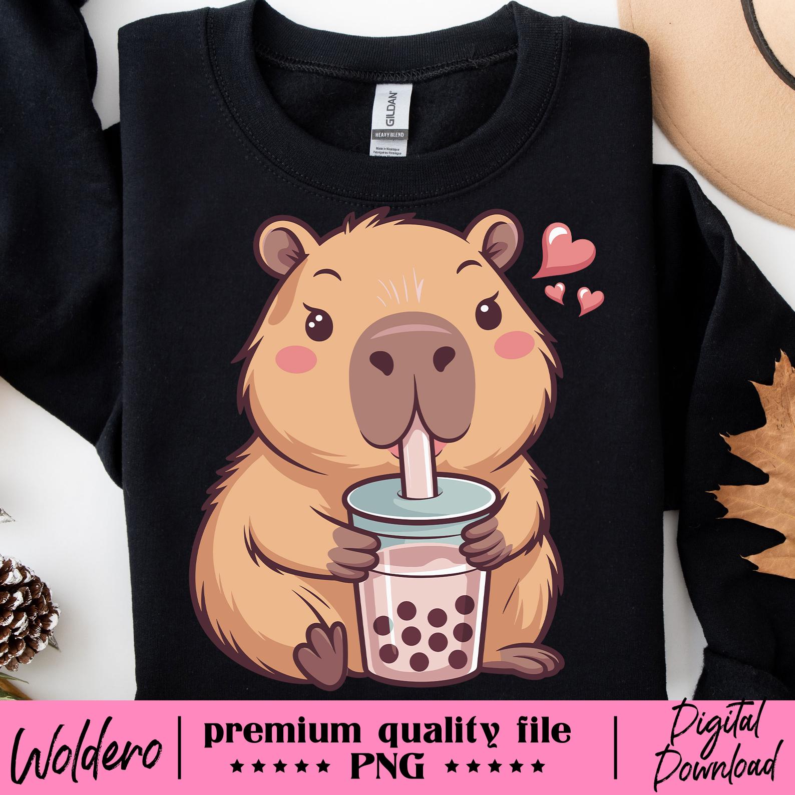Capybara Bubble Tea PNG: Kawaii Anime T-Shirt Design (Digital Download