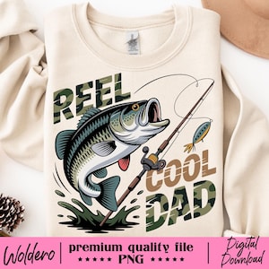 Reel Cool Dad T-shirt PNG | Retro Fishing Dad | Wishing I Was Fishing Design | Bass Fish PNG | Father&#39;s Day Birthday Gift PNG Digital Design