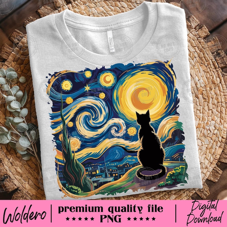 May include: White t-shirt featuring a black cat silhouette gazing at a vibrant, swirling night sky design. The artwork is reminiscent of Van Gogh's "Starry Night," with yellow, blue, and green hues. The text "Woldero | premium quality file | Digital Download" is at the bottom.