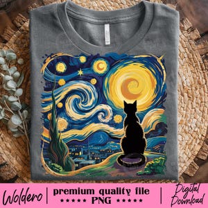 May include: Gray t-shirt featuring a black cat silhouette against a vibrant, stylized night sky with a large yellow moon and swirling blue and yellow clouds. The design is reminiscent of Van Gogh's "Starry Night". The text "Woldero | premium quality file | PNG | Digital Download" is at the bottom.