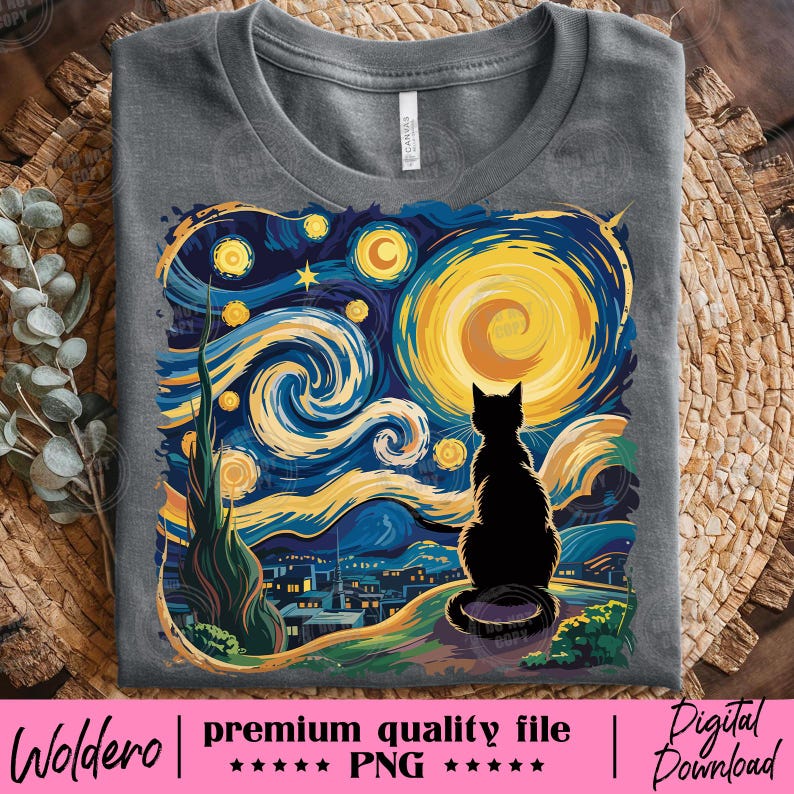 May include: Gray t-shirt featuring a black cat silhouette against a vibrant, stylized night sky with a large yellow moon and swirling blue and yellow clouds. The design is reminiscent of Van Gogh's "Starry Night". The text "Woldero | premium quality file | PNG | Digital Download" is at the bottom.