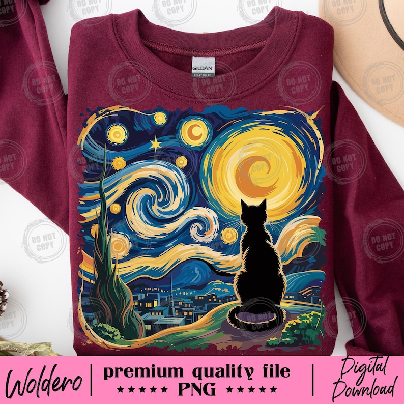 May include: Burgundy sweatshirt featuring a black cat silhouette gazing at a starry night sky, inspired by Van Gogh's "Starry Night." The design includes swirling blues, yellows, and a crescent moon. The text "Woldero | premium quality file PNG | Digital Download" is at the bottom.