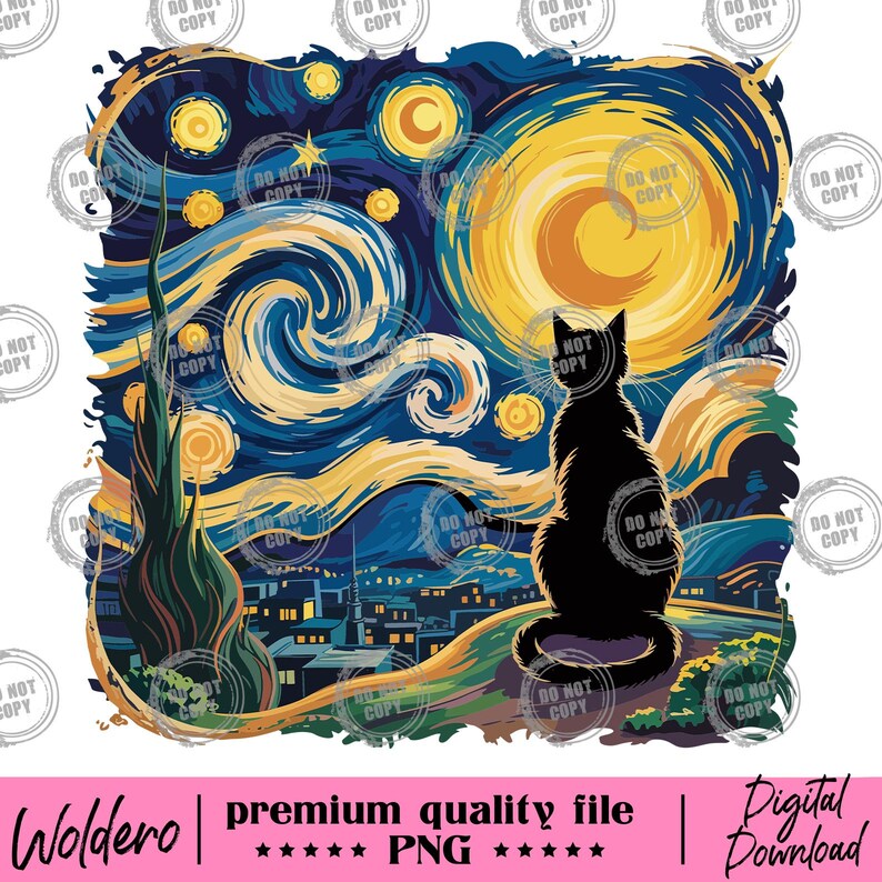 May include: A digital art print featuring a black cat silhouetted against a starry night sky, reminiscent of Van Gogh's style. The artwork includes a large yellow moon, swirling blue and yellow brushstrokes, and the text "Woldero | premium quality file | Digital Download".