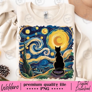 May include: Cream-colored sweatshirt featuring a graphic of a black cat silhouetted against a starry night sky in the style of Van Gogh's "Starry Night." The design includes a large yellow moon and the text "Woldero | premium quality file | Digital Download".
