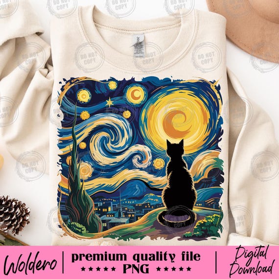 Starry Night Cat PNG: Van Gogh Art Shirt (Digital Download)
