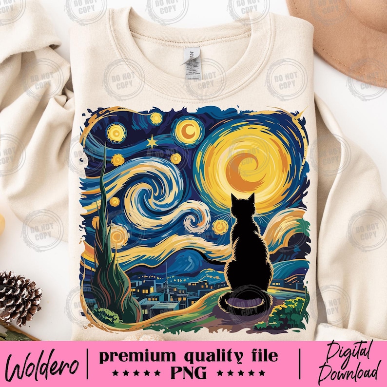 May include: Cream-colored sweatshirt featuring a graphic of a black cat silhouetted against a starry night sky in the style of Van Gogh's "Starry Night." The design includes a large yellow moon and the text "Woldero | premium quality file | Digital Download".