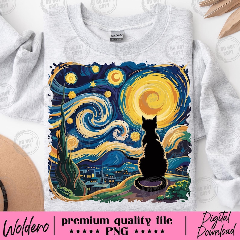 May include: A light gray sweatshirt featuring a black cat silhouette against a vibrant, stylized night sky with swirling blues, yellows, and a large moon. The design is reminiscent of Van Gogh's "Starry Night". The text "Woldero | premium quality file | Digital Download" is at the bottom.