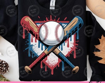 Amerikanisches Baseball Drip Graffiti PNG T-Shirt | Jungen Sport-Shirt Design | Jugend Baseball Tee | Patriotische Ball & Fledermaus Grafik |Digitaler Download