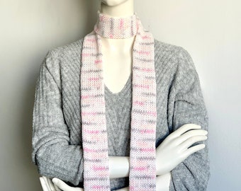 Skinny Scarf White Pink Skinny knit Scarf - White Base with Pink, Grey, Yellow, Orange Accents, Thin Long Scarf for Girls and Women