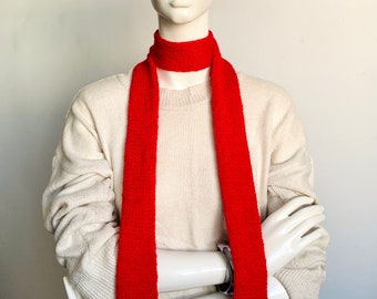 Skinny Scarf, Red Skinny Knit Scarf, Handmade Red Long Scarf Tie, Red Fire Double Sided Tube Thin Scarf, Women Knitted Scarves