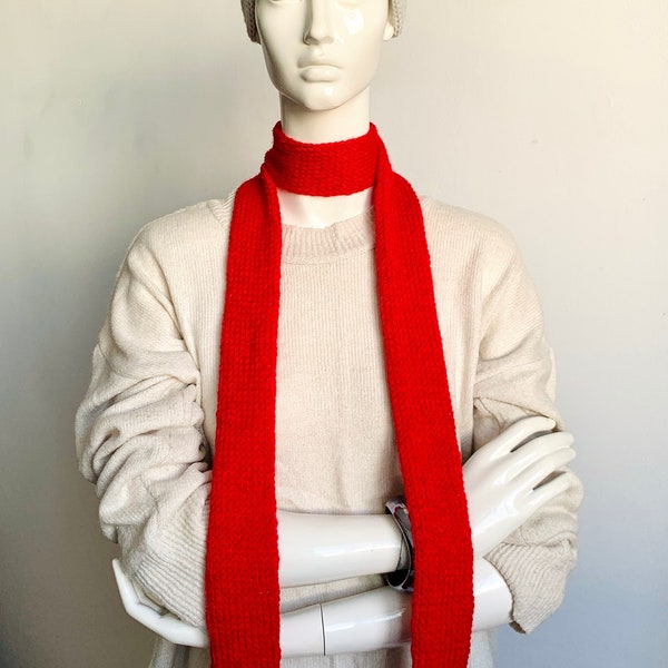 Écharpe fine, écharpe fine rouge en tricot, cravate longue écharpe rouge faite main, écharpe tube double face rouge feu, écharpes tricotées pour femmes