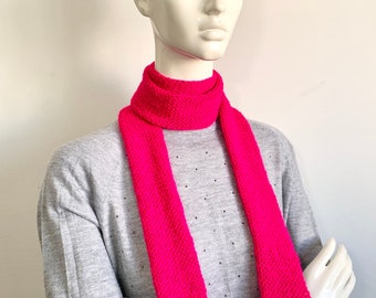 Skinny Scarf, Magenta Skinny Knit Scarf, Handmade Fuchsia Long Scarf Tie, Bright Pink Double Sided Tube Thin Scarf, Women Knitted Scarves