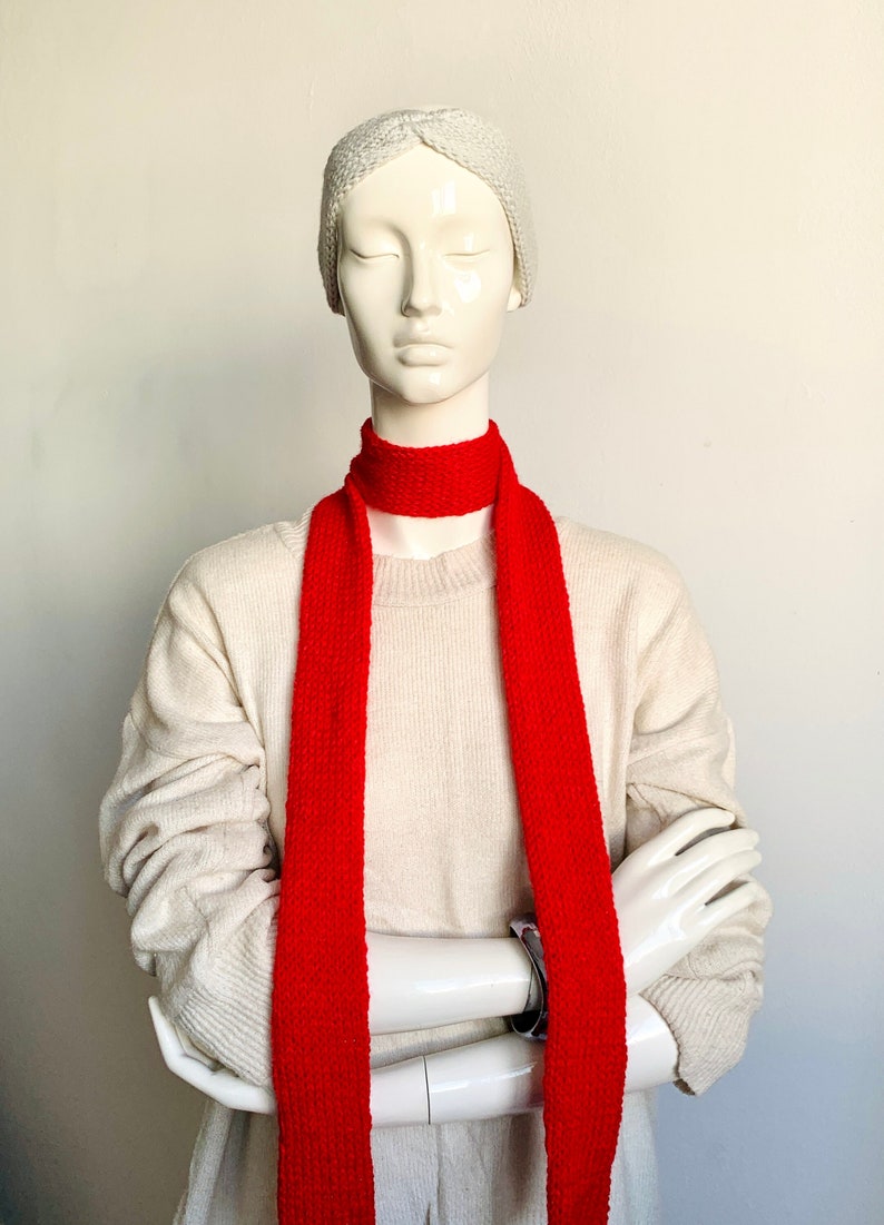 Skinny Scarf, Red Skinny Knit Scarf, Handmade Red Long Scarf Tie, Red Fire Double Sided Tube Thin Scarf, Women Knitted Scarves