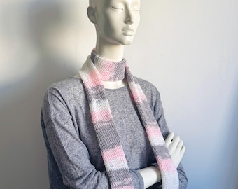 Tricolor Stripe Skinny Knit Scarf - White Pink Gray - Long Thin Scarf