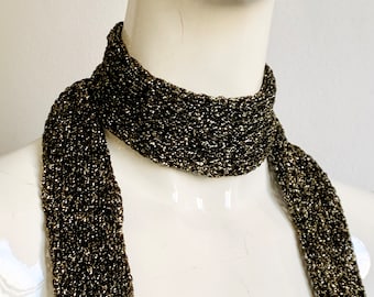 Skinny Scarf Sparkling Black & Gold Skinny Knit Scarf, Handmade Golden Long Scarf Tie for Timeless Glamour, Women Double Sided Thin Scarf