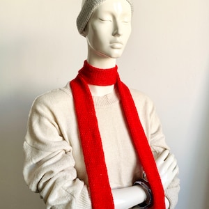 Skinny Scarf, Red Skinny Knit Scarf, Handmade Red Long Scarf Tie, Red Fire Double Sided Tube Thin Scarf, Women Knitted Scarves