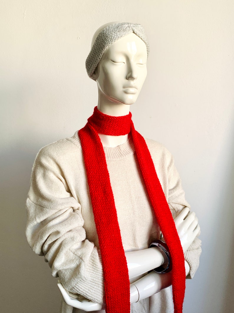 Skinny Scarf, Red Skinny Knit Scarf, Handmade Red Long Scarf Tie, Red Fire Double Sided Tube Thin Scarf, Women Knitted Scarves