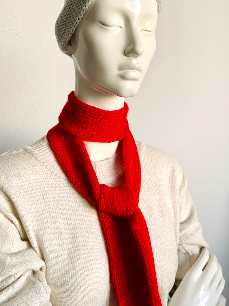 Skinny Scarf, Red Skinny Knit Scarf, Handmade Red Long Scarf Tie, Red Fire Double Sided Tube Thin Scarf, Women Knitted Scarves