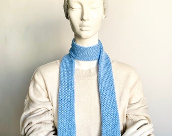 Skinny Scarf, Sky Blue Skinny Knit Scarf, Handmade Light Blue Long Scarf Tie, Turquoise Double Sided Thin Scarf, Women Knitted Scarves