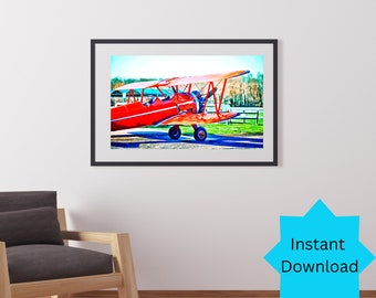 Vintage Red Airplane Poster, Vintage Red Plane Wall Decor, Red Vintage Plane Home Decor, Red Vintage Air Plane Instant Download,