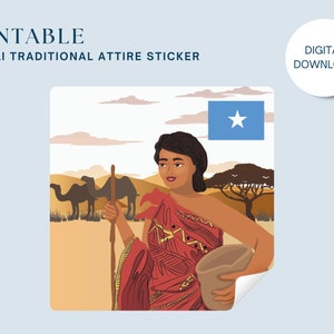 Op de afbeelding: Een printbare sticker met een vrouw in traditionele Somalische kleding, die in een woestijnlandschap staat met kamelen en een boom. De Somalische vlag bevindt zich in de rechterbovenhoek van de sticker.
