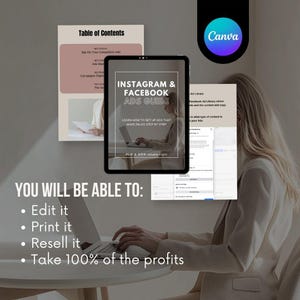 May include: A woman is working on a laptop computer. The screen shows a guide for setting up Instagram and Facebook ads. The text on the screen reads "Instagram & Facebook Ads Guide". The text below the screen reads "Learn how to set up ads that make sales step by step". The text below that reads "PLR & MRR resale right". The text below the laptop reads "You will be able to: Edit it, Print it, Resell it, Take 100% of the profits".