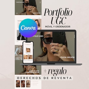May include: A digital marketing presentation on a laptop and smartphone, featuring the text "Portfolio UGC" and "Canva." The image includes a person wearing sunglasses and gold jewellery, with the name "Olivia Wilson" displayed.