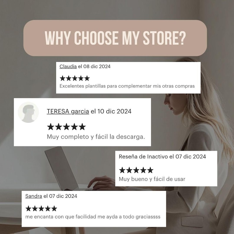 May include: A screenshot of a website displaying customer reviews. The reviews are positive and highlight the ease of use and completeness of the products. The text on the website reads "WHY CHOOSE MY STORE?"