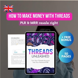 以下が含まれることがあります： ピンク、パープル、ブルーのデザインのデジタル製品カバー。カバーには「Threads Unleashed」と「Threadsアカウントをあなたの個人用ATMに変えましょう」というテキストが書かれています。カバーには無料のボーナスも含まれており、50ページです。