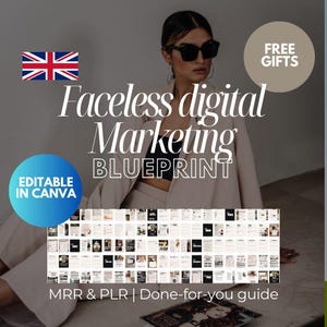 Peut inclure: Un guide de marketing numérique avec le texte "Faceless digital Marketing BLUEPRINT" et "EDITABLE IN CANVA". Le guide est présenté sous forme de grille avec de nombreuses pages. Le texte "MRR & PLR | Done-for-you guide" est en bas de l'image.