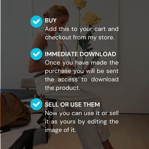 Może przedstawiać: Grafika przedstawiająca ofertę produktu cyfrowego z trzema niebieskimi okrągłymi ikonami ze znacznikiem wyboru i białym tekstem. Tekst brzmi: BUY Add this to your cart and checkout from my store. IMMEDIATE DOWNLOAD Once you have made the purchase you will be sent the access to download the product. SELL OR USE THEM Now you can use it or sell it as yours by editing the image of it.