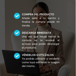 May include: A person in a blazer is seated in front of a laptop. Text in Spanish reads: "BUY THE PRODUCT, ADD THIS TO YOUR CART, COMPLETE THE PURCHASE FROM MY STORE. INSTANT DOWNLOAD, ONCE YOU HAVE MADE THE PURCHASE, YOU WILL BE SENT ACCESS TO DOWNLOAD THE PRODUCT. SELL OR USE THEM."