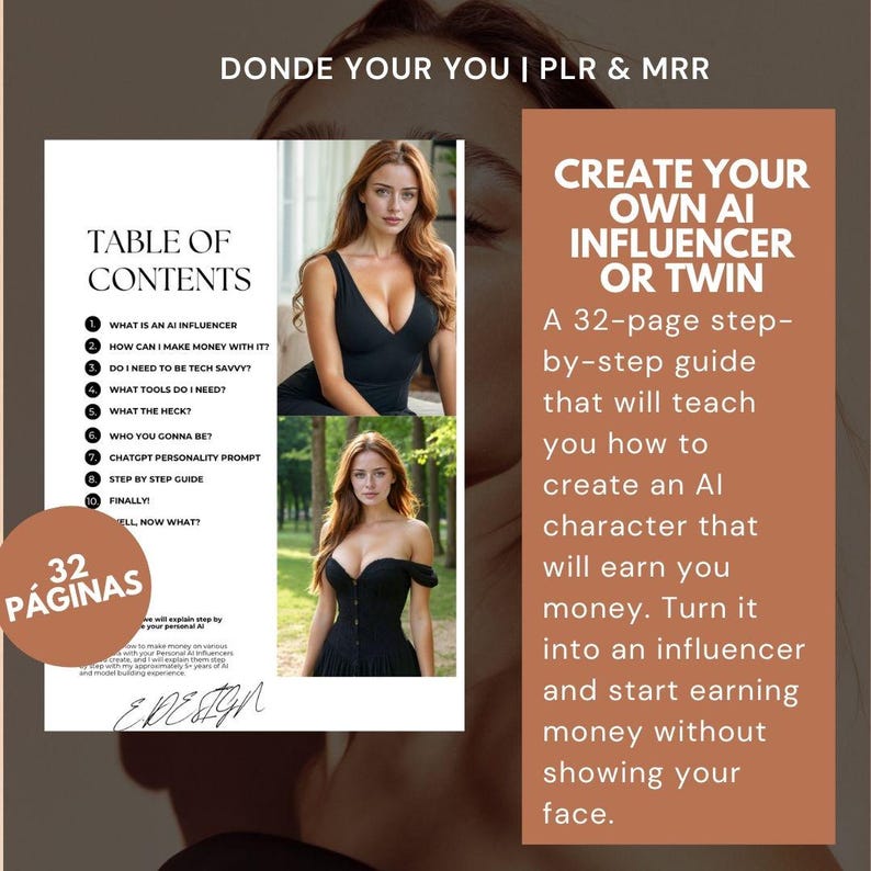 May include: A guide titled "Create Your Own AI Influencer or Twin" with a 32-page step-by-step guide. The cover features a woman in a black dress and a table of contents. The guide teaches how to create an AI character to earn money.
