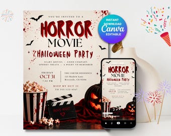 Cinematic Halloween Horror Movie Invitation, Spooky Halloween Party Invite, Horror Movie Night, Printable Digital Invitation