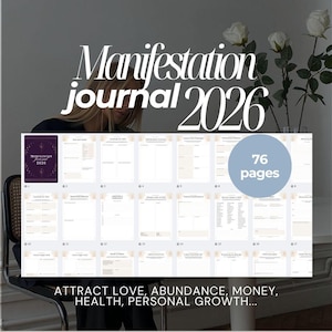 Puede incluir: Un "Manifestation journal 2026" con 76 páginas. La portada es de color púrpura oscuro con detalles dorados. Las páginas del diario son de color beige claro con indicaciones. El texto "ATTRACT LOVE, ABUNDANCE, MONEY, HEALTH, PERSONAL GROWTH..." está en la parte inferior.