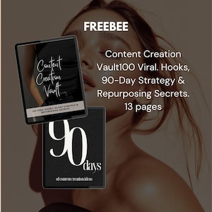 May include: An image featuring a digital product with the word "FREEBEE" at the top. The product includes a tablet with the words "Content Creation Vault" and a book with "90 days of content creation ideas". The product is about content creation.