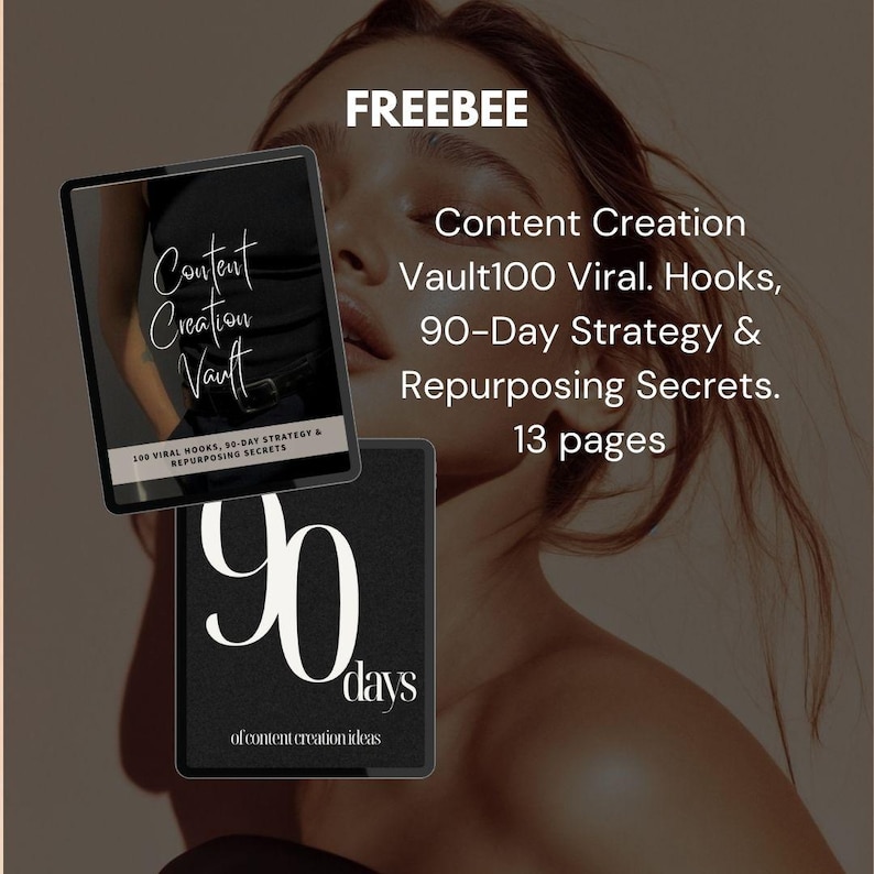 May include: An image featuring a digital product with the word "FREEBEE" at the top. The product includes a tablet with the words "Content Creation Vault" and a book with "90 days of content creation ideas". The product is about content creation.
