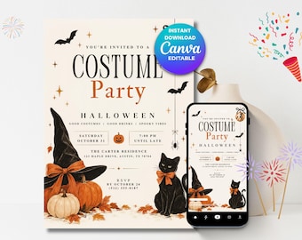 Vintage Halloween Costume Party Invitation, Retro Spooky Party Invite, Halloween Costume Celebration, Printable Digital