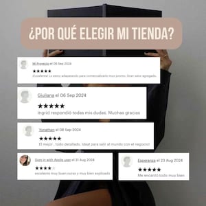 K&ouml;nnte beinhalten: Eine Collage von Kundenbewertungen f&uuml;r einen Online-Shop. Die Bewertungen sind alle positiv und haben f&uuml;nf Sterne. Der Text im Bild lautet: "&iquest;POR QU&Eacute; ELEGIR MI TIENDA?" was im Deutschen "Warum meinen Shop w&auml;hlen?" bedeutet.