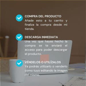 May include: A digital illustration of a laptop screen with a checkmark and the text "COMPRA DEL PRODUCTO" and "DESCARGA INMEDIATA". The text on the screen says to add the product to your cart and download it immediately after purchase. The image also includes a checkmark and the text "V&Eacute;NDELOS O UTIL&Iacute;ZALOS" which says you can sell or use the product after purchase.