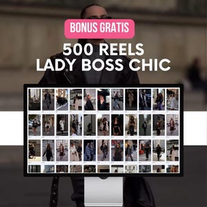 May include: A computer monitor displaying a grid of 36 small images. Each image shows a person wearing stylish clothing. The text "500 REELS LADY BOSS CHIC" is displayed above the monitor. The text "BONUS GRATIS" is displayed in a pink rectangle above the text "500 REELS LADY BOSS CHIC".