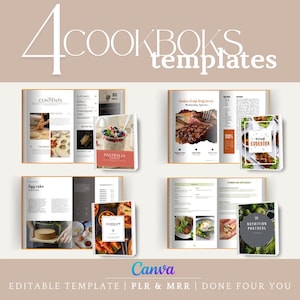 Puede incluir: Cuatro plantillas de libro de cocina diseñadas en Canva. Las plantillas presentan diferentes temas de comida, que incluyen pasteles, pastel de huevo, bistec y un protocolo de nutrición. Cada plantilla incluye una página de título, una tabla de contenido y páginas de recetas.