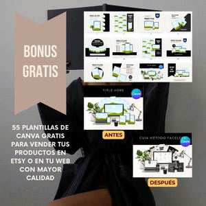 K&ouml;nnte beinhalten: Eine Grafik mit dem Text "BONUS GRATIS" in einem rosa und wei&szlig;en Kasten. Der Text "55 PLANTILLAS DE CANVA GRATIS PARA VENDER TUS PRODUCTOS EN ETSY O EN TU WEB CON MAYOR CALIDAD" ist in schwarzer Schrift. Das Bild zeigt ein Vorher-Nachher-Szenario eines Computerbildschirms mit einem Canva-Design. Der Text "ANTES" ist in einem roten Kasten und der Text "DESPU&Eacute;S" ist in einem blauen Kasten. Der Text "GU&Iacute;A M&Eacute;TODO FACELESS" ist in einem wei&szlig;en Kasten mit einem Canva-Logo.