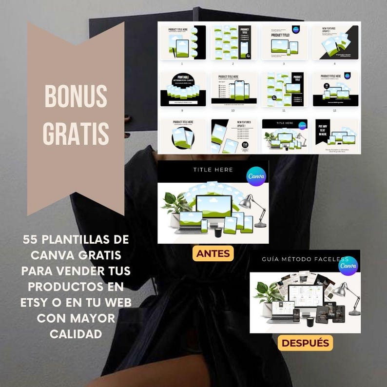 K&ouml;nnte beinhalten: Eine Grafik mit dem Text "BONUS GRATIS" in einem rosa und wei&szlig;en Kasten. Der Text "55 PLANTILLAS DE CANVA GRATIS PARA VENDER TUS PRODUCTOS EN ETSY O EN TU WEB CON MAYOR CALIDAD" ist in schwarzer Schrift. Das Bild zeigt ein Vorher-Nachher-Szenario eines Computerbildschirms mit einem Canva-Design. Der Text "ANTES" ist in einem roten Kasten und der Text "DESPU&Eacute;S" ist in einem blauen Kasten. Der Text "GU&Iacute;A M&Eacute;TODO FACELESS" ist in einem wei&szlig;en Kasten mit einem Canva-Logo.