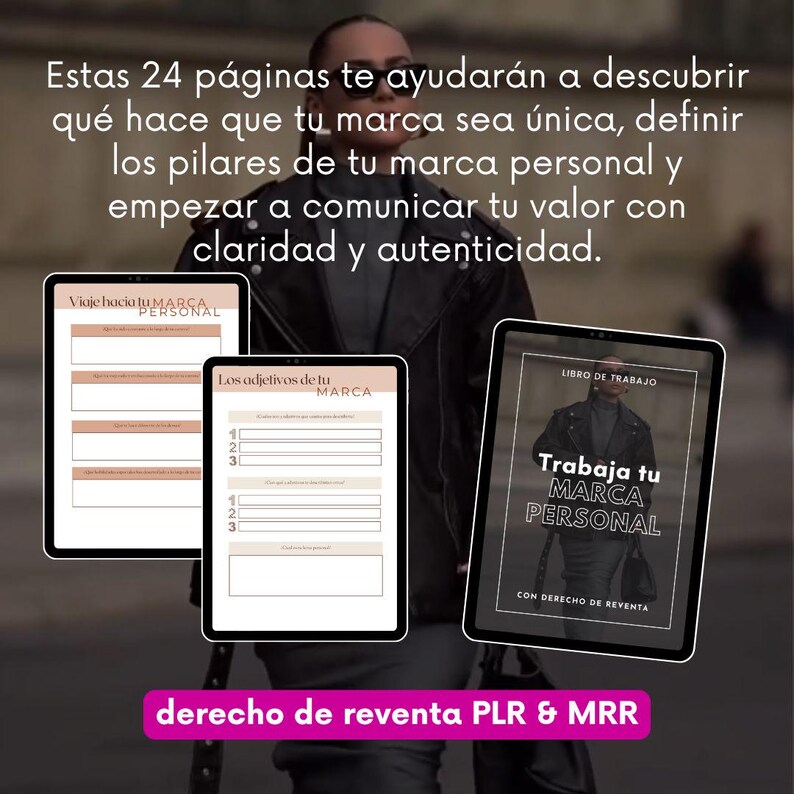 May include: A digital product with the text "Trabaja tu MARCA PERSONAL" and "CON DERECHO DE REVENTA" in a black and white design. The text "Estas 24 p&aacute;ginas te ayudar&aacute;n a descubrir qu&eacute; hace que tu marca sea &uacute;nica, definir los pilares de tu marca personal y empezar a comunicar tu valor con claridad y autenticidad." is also visible. The text "derecho de reventa PLR & MRR" is at the bottom of the image.